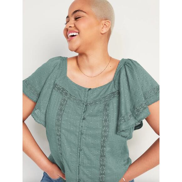 Old Navy Oversized Clip-Dot Crochet-Lace Button-Front Blouse‎ Spa Green Size XXL - Picture 2 of 11